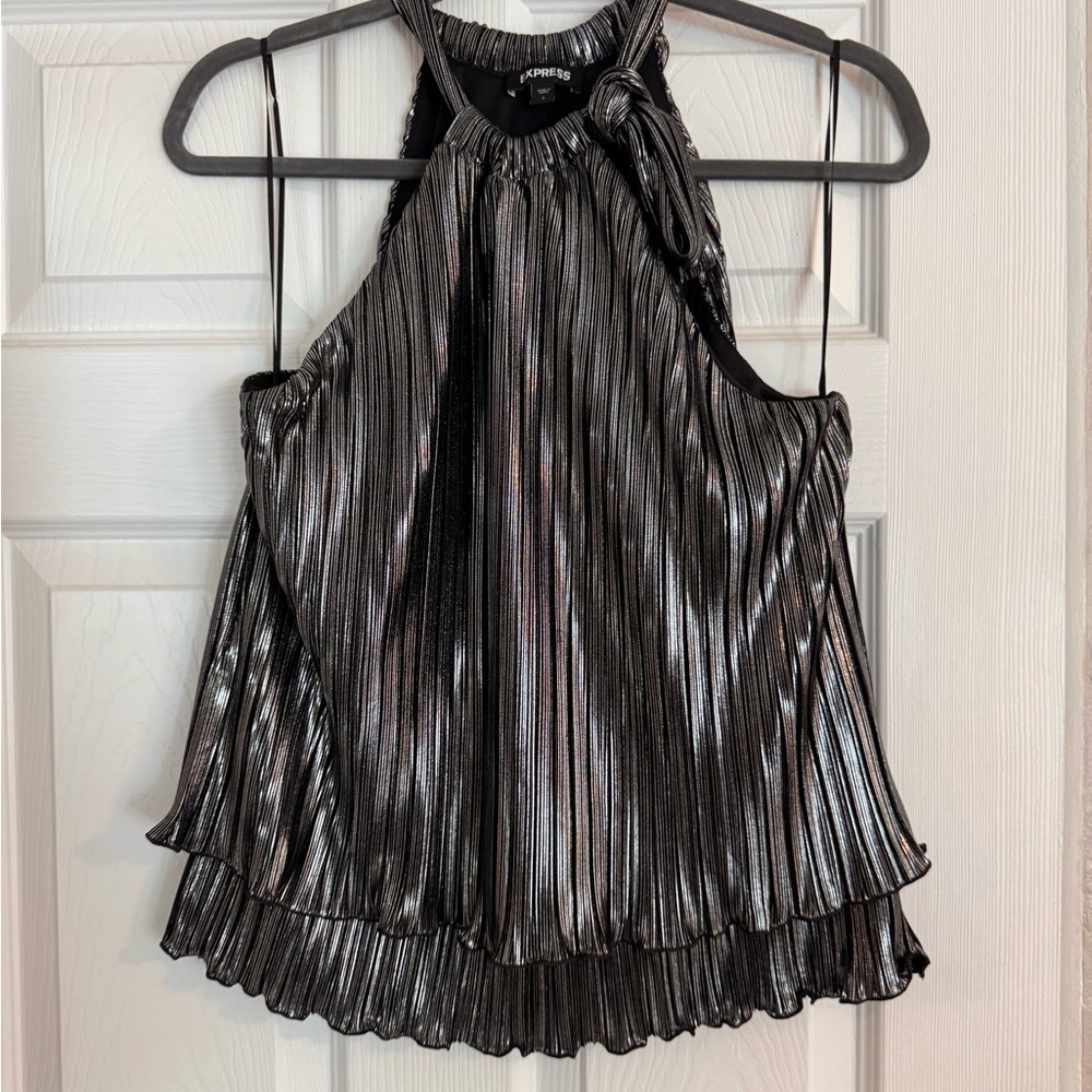 Express Black/Silver Pleated Tiered Halter Top
